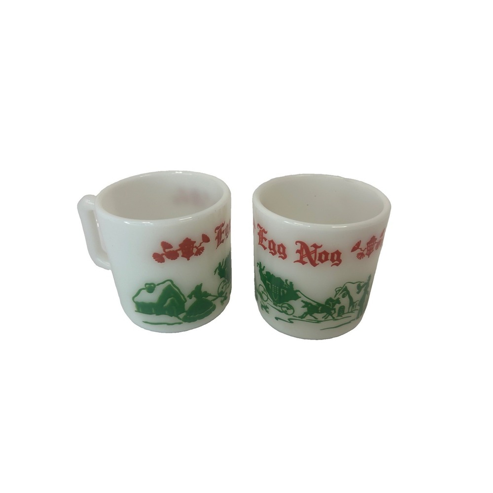 Anchor Hocking Milk Glass Egg-Nog Mugs Pre-Fire King Christmas Scene Set 2 Mint